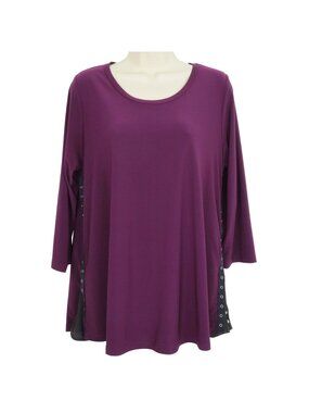 Sun Kim Womens Small Purple Black Flowy Wide Neck Snap Side Accent Shirt Blouse